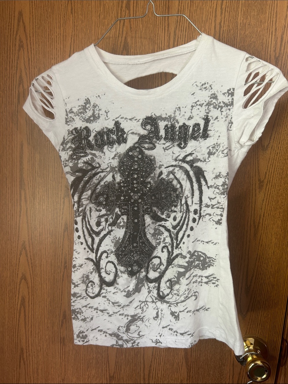 Cyber Y2K Vintage Grunge McBling Rock Angel shredded Rhinestone cross T.